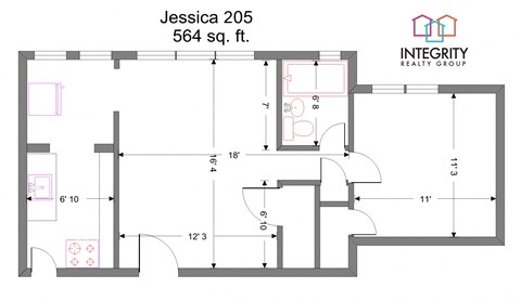 Floor plan for 1 bed, 1 bath, 564 sqft